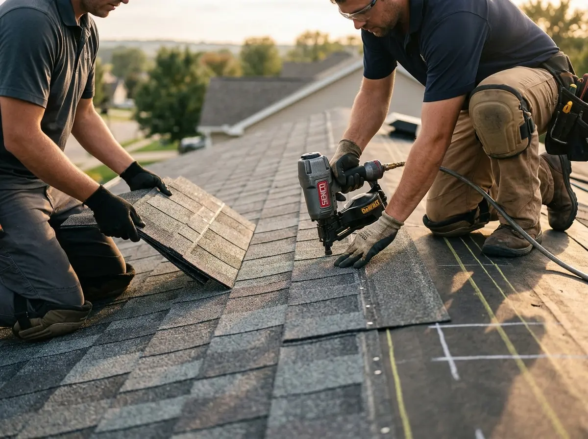 Professional roofer working on a residential roof in Gulfport